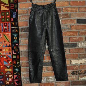 VINTAGE 80s BLACK LEATHER High Waisted Pleated Pants, FULLY LINED, 6 (Waist 25")